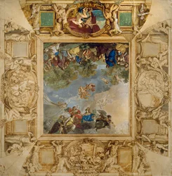 Apollo en Athena belonen talenten en Minerva geflankeerd door kariatiden en medaillons met Mars, Venus, Hercules en Cybele