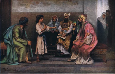 Christus met de dokters in de tempel, uit Hulberts Verhaal van de Bijbel uitgegeven door The John Winston Company, 1932
