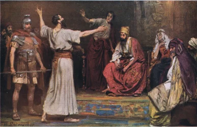 Paulus voor Festus en Agrippa, uit Hulberts Story of the Bible, uitgegeven door The John Winston Company, 1932