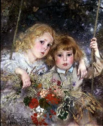 Portret van Ernest en Beatrice Makins op een schommel