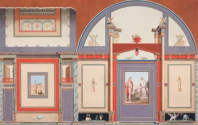 Muurschildering van een Romeins huis op het terrein van de Villa Negroni in Rome, Mars (?), Venus en Cupido