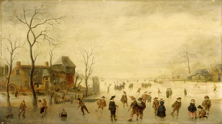 Winterlandschap met schaatsers, golfspelers en boeren op bevroren waterwegen