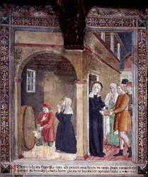 Het leven van St. Francesca Romana: Een vat wijn dat door de heilige voor de armen werd gebruikt, wordt wonderbaarlijk vol gevonden