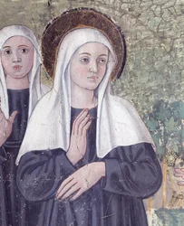 Leven van Sint Francesca Romana: Bij haar terugkeer van de Sint-Paulusbasiliek werd de heilige in extase gebracht, in een stroom maar stond perfect droog (detail)