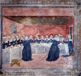 Leven van Sint Francesca Romana: Op een dag was er niet genoeg brood voor de gemeenschap, Francesca verzamelde de restjes, zegende ze, en er was genoeg om de vijftien die waren gebleven te voeden
