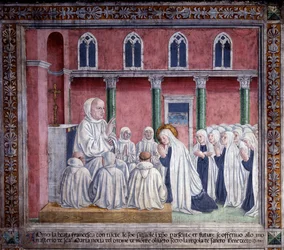 Het leven van St. Francesca Romana: De heilige en de oblaten bieden zich aan bij de benedictijner orde en vestigen zich in de kerk van Santa Maria Nova, Rome