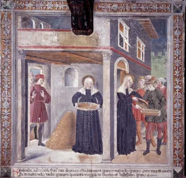Leven van St. Francesca Romana: tijdens een ernstige hongersnood in 1402 geeft Francesca al haar graan aan de armen