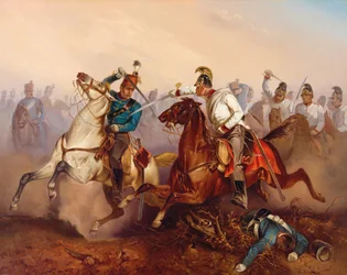 Gevecht tussen keizerlijke Oostenrijkse dragonders en Hongaarse Honvéd-huzaren, Hongarije in 1849, 1854