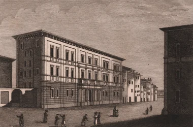 Uitzicht op het bisschoppelijk paleis in Pistoia, Toscane, Italië, gravure door Antonio Morghen