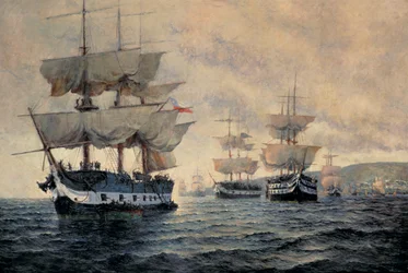 De Inscheping van de Bevrijdingsexpeditie van Peru op 20 augustus 1820, onder bevel van Kapitein-Generaal Jose de San Martin (1778-1850)