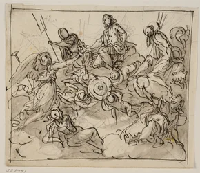 Allegorische compositie met Venetië omringd door twee zeegoden, Faam en andere figuren