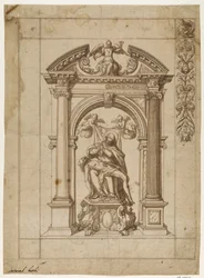 Ontwerp voor een processievlag met een Pietà onder een uitgebreide altaararchitectuur in de vorm van een triomfboog en een deel van het randontwerp rechtsboven