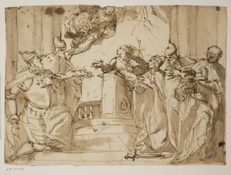Vier doges en een man in een mantel met de dogehoed in zijn handen, met de Annunciatie(?) op de achtergrond