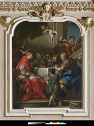 Sint Gregorius de Grote aan tafel met Jezus vermomd als pelgrim, naast de paus de duif van de Heilige Geest