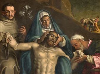 Noord Transept, Altaar van de Deposition, Deposition van Christus ondersteund door de Maagd en de Heiligen Raymond en Anthony van Padua, Antonio Campi 1566, Detail altaarstuk