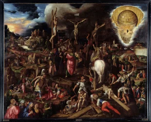 Scènes van passie: gebed in de tuin van olijfbomen, verraad van Judas, arrestatie van Christus, bespotte Christus, beklimming naar Calvarie (Kruisweg), kruisiging, opstanding... Schilderij door Antonio Campi (1526-1587)