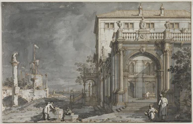 Capriccio: Een paleis met een binnenplaats aan de lagune, c. 1750-1755