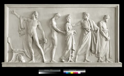 Achilles levert Briseis aan de herauten van Agamemnon (gips)
