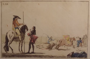 Picador berijdt en sleept de stier
