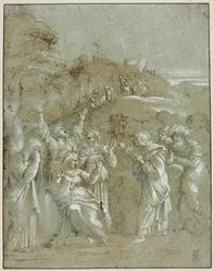 De maagd, de heilige vrouwen en de heiligen Johannes, Jakobus en Jozef van Arimathea, met Christus op weg naar Golgotha