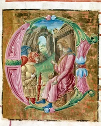 Herodes I de Grote beveelt de slachting van onschuldigen. Detail van een antiphonarium. 1483. Cremona, choral 4, capitolo del duomo