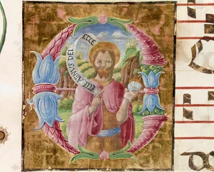 Sint Johannes de Doper. Detail van een antiphonarium. 1483. Cremona, choral 4, capitolo del duomo