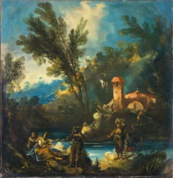 Een bebost rivierlandschap met figuren