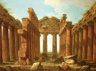 Figuren die de tempel van Neptunus in Paestum bewonderen