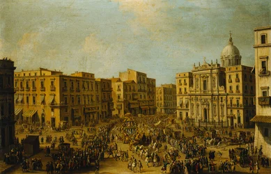 Het Largo San Ferdinando, Napels, tijdens carnaval met de koninklijke koets die het Palazzo Reale nadert