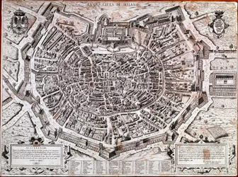 Stadsplattegrond van Milaan, uitgegeven door Antonio Lafreri (Lafrery of Lanfrerius) (1512-1577) in 1573. Dit is de oudste kaart van de stad. Milaan, Museum van Milaan - Kaart van Milaan. De oudste kaart van de stad uit 1573, uitgegeven door Antonio
