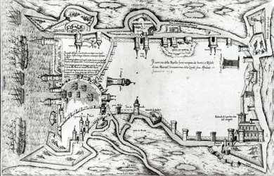 Kaart die La Rochelle bezet door de Hugenoten illustreert