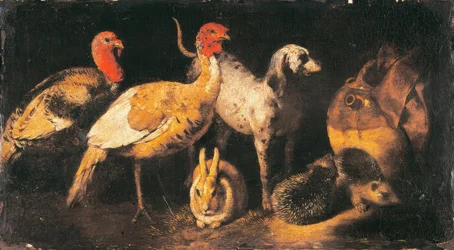 Kalkoenen, hond, haas en egel