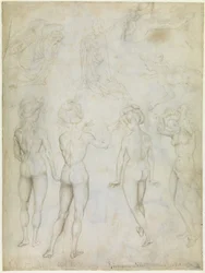 Vier studies van een vrouwelijk naakt, een annunciatie en twee studies van een zwemmende vrouw, ca. 1425 (metalpoint, pen en potlood in bruin op perkament)