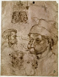 Vier mannenhoofden, waarvan twee met drie gezichten. Een altaarstuk. Een paard. Tekeningen uit het atelier van Antonio di Puccio Pisano, genaamd Pisanello (1395-1455). Bruine inkt, pen (tekening), bloed. Dim: 27,1x20,5cm. Louvre, Cabinet des medailles.