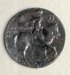 Medaille van Ludovico III Gonzaga, markies van Mantua. Voorzijde: de markies gewapend te paard, brons, zwarte patina