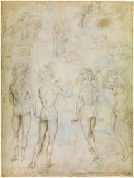 "Studies van naakte vrouwen, Annunciatie en twee zwemmende vrouwenstudies", ca. 1425 (tekening)