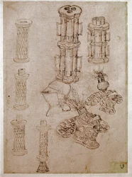 Drie helmen met kammen en twee stukken kanonnen. Tekening door Antonio di Puccio Pisano, genaamd Pisanello