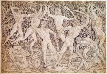 Naakte mannen vechten. Gegraveerd door Antonio Pollaiuolo (Pollaiolo) (1432-1498)