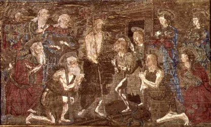 De nederdaling van Christus in de hel en de bevrijding van Johannes de Doper, wandtapijt met scènes uit het leven van de heilige