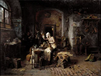 De Italiaanse vioolbouwer Antonio Stradivari (Stradivarius) (1644-1737) in zijn werkplaats