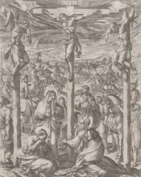 Christus gekruisigd tussen de twee dieven, de drie Maria