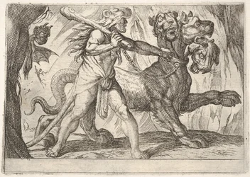 Hercules en Cerberus: Hercules grijpt de halsband van Cerberus, twee demonen verschijnen links..., 1608