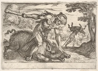 Hercules en het Erymanthische Zwijn: Hercules houdt de snuit van het zwijn vast met zijn linkerhand