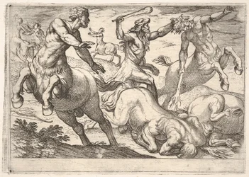 Hercules en de centauren: Hercules houdt het hoofd van een centaur vast met zijn linkerhand en heft..., 1608