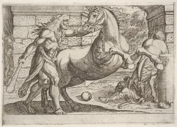 Hercules en de merries van Diomedes: Hercules grijpt het hoofdstel van een steigerend paard