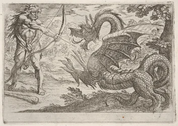 Hercules en de slang Ladon: Hercules spant zijn boog, de oprijzende slang verschijnt, 1608