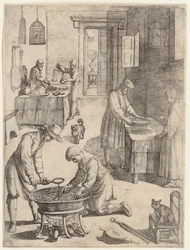 Mannen en vrouwen die gewicht meten, zeven en bouillon koken