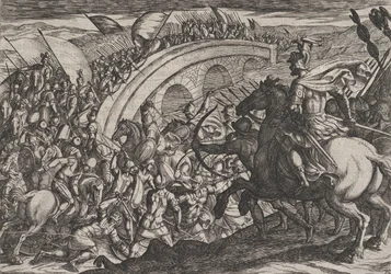 Plaat 11: Troepen van Civilis steken de Maas over, uit De Oorlog van de Romeinen Tegen de ..., 1611