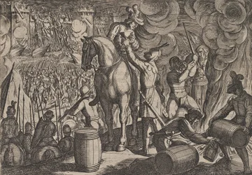 Plaat 13: Aanval op het Romeinse Fort in de Nacht, uit De Oorlog van de Romeinen tegen de Ba..., 1611