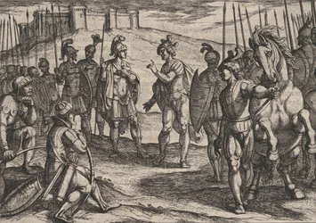 Plaat 15: Civilis onderhandelt met een Romeinse commandant, uit De oorlog van de Romeinen tegen de..., 1611